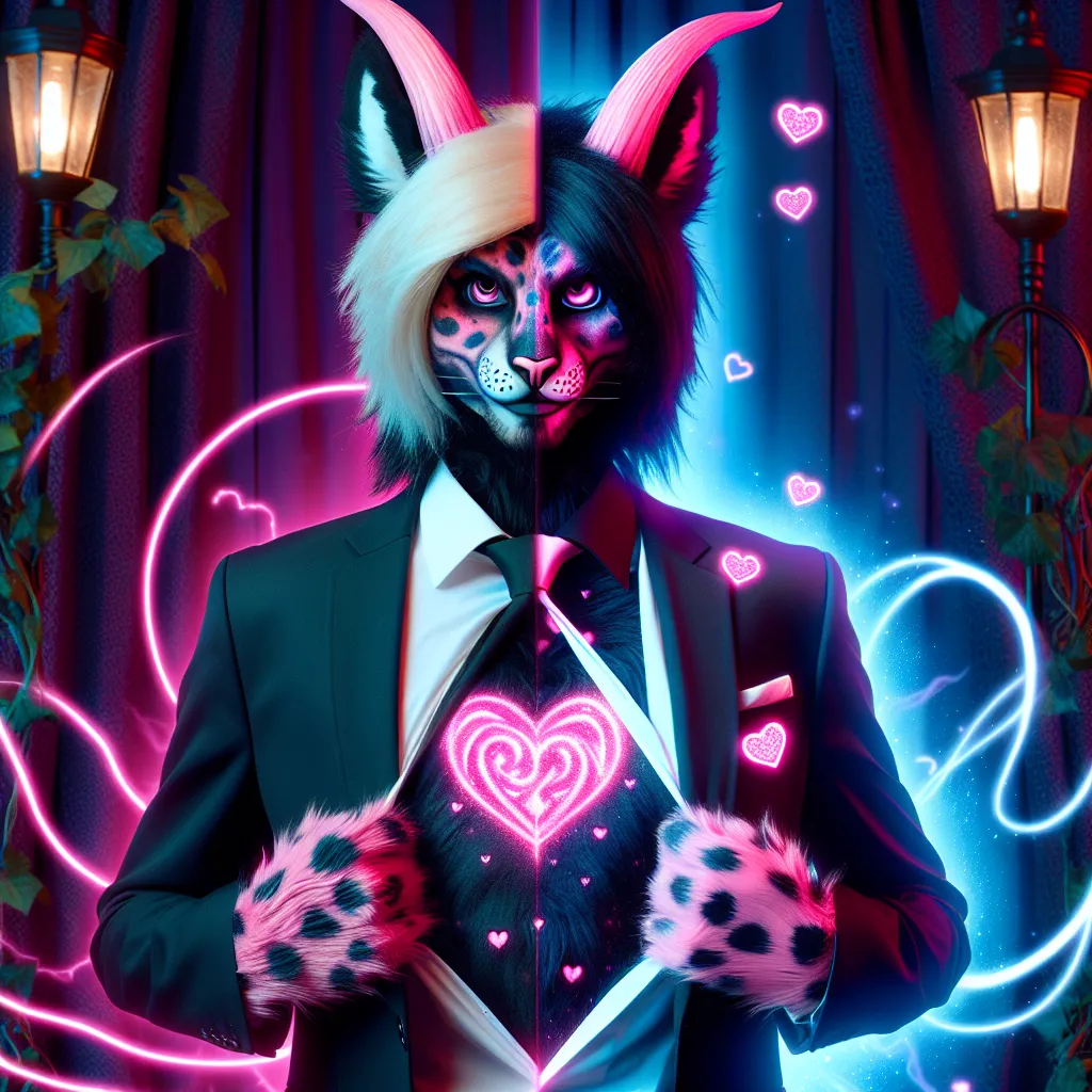 Description: An image of a person transforming into the fantasy character, Angel Dust, with gothic surroundings, neon lights, and a seductive glow. The person's appearance shifts to include pink-spotted fur, an elegant suit-blazer, a miniskirt, thigh-high boots, and a heart pattern on their chest. Their voice changes, reflecting Angel Dust's playful and seductive nature.