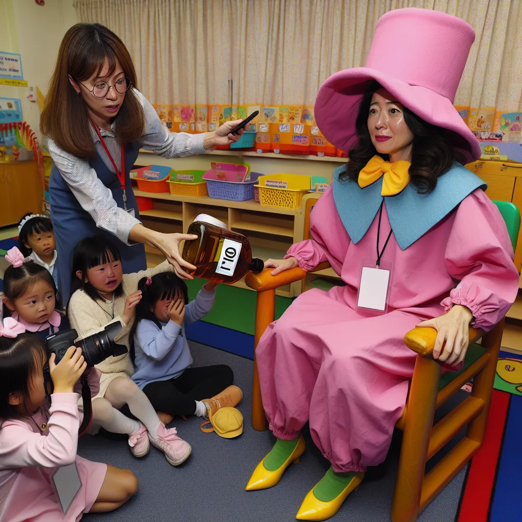 The image accompanying this story should depict Robin Scherbatsky, a fiercely independent journalist, dressed in a humiliating baby outfit, including a diaper, frilly bonnet, and pink onesie, while being surrounded by Judy, Dough, and Lily's kindergarten class. Robin should be in a bouncing chair, with Judy preparing to feed her castor oil and Lily filming the spectacle with her phone. The image should capture the sense of humiliation and frustration that Robin is feeling, as well as the mischie