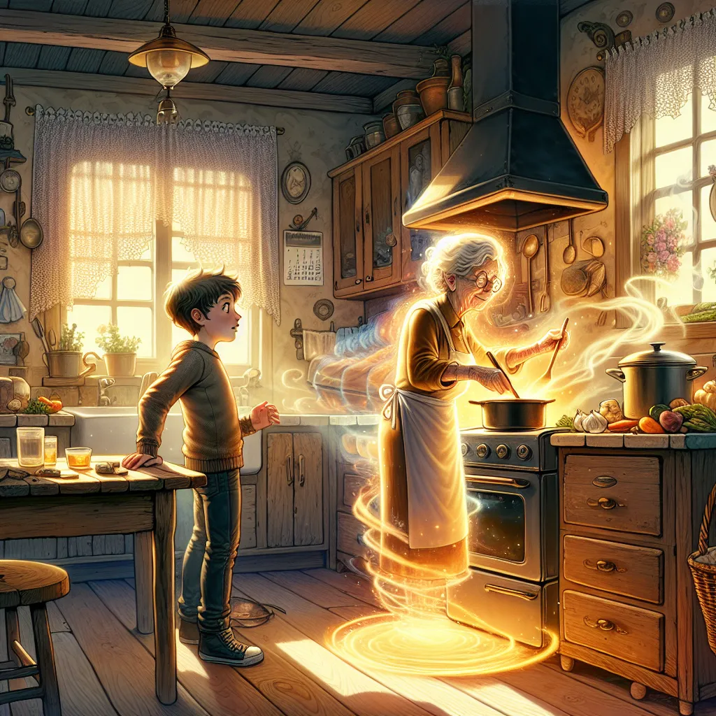 A detailed story of a boy named Oliver who, after a mysterious incident, inhabits his grandmother's body and experiences the world through her senses. The boy must navigate this new reality, finding familiarity in the unfamiliar as dinner is prepared and life continues. Through his observations and actions, Oliver seeks answers and holds onto hope for the future.