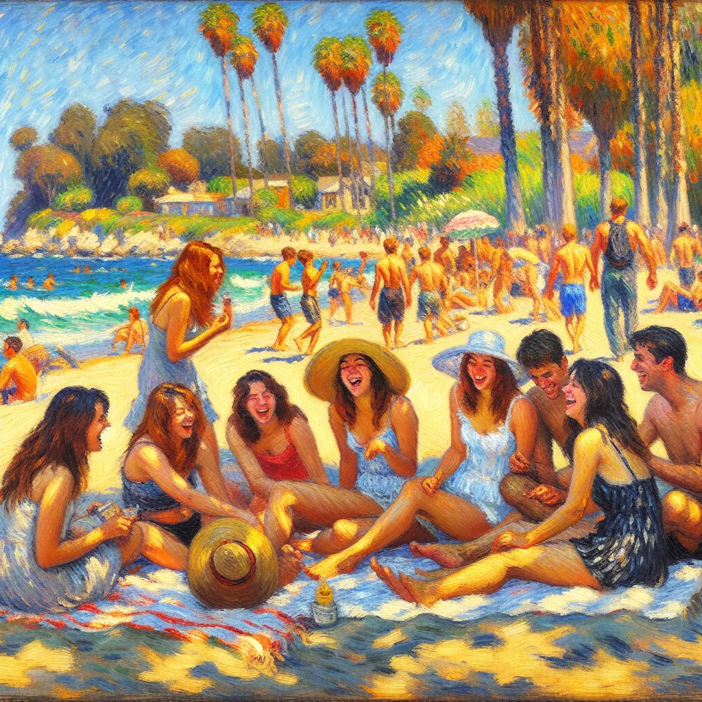 California, Summer, Friends, Goofy, Laughter in the style of Monet