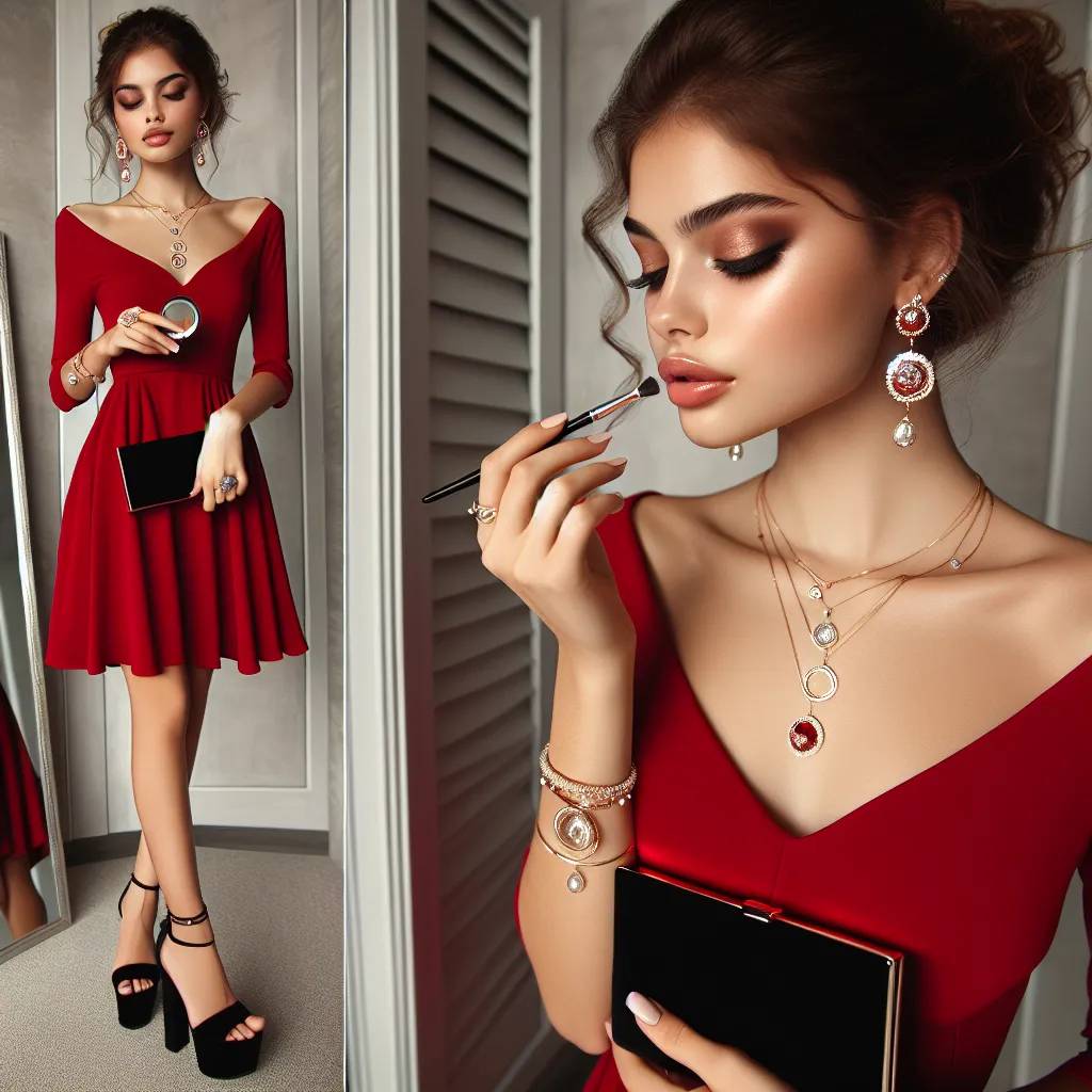 A young woman dressed in an elegant red dress and platform sandals stands confidently in front of a mirror, applying makeup. She wears seven pieces of jewelry and carries a small black clutch purse.