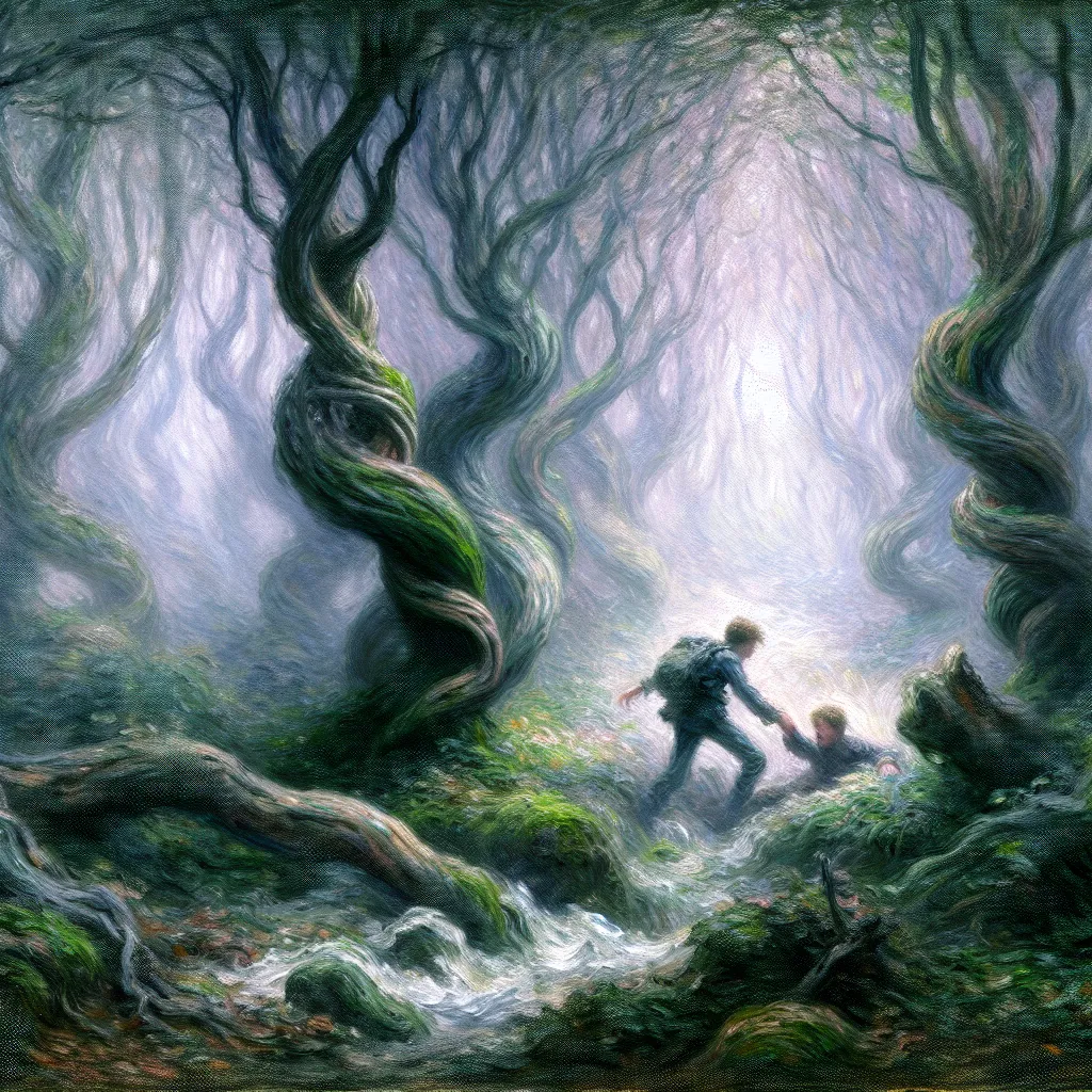 Brother, Transformation, Deception, Fear, Rescue. in the style of Monet