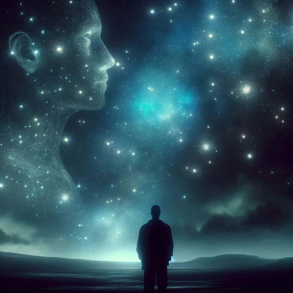 A mysterious night sky filled with sparkling stars and a lone figure gazing at the vastness, lost in contemplation.