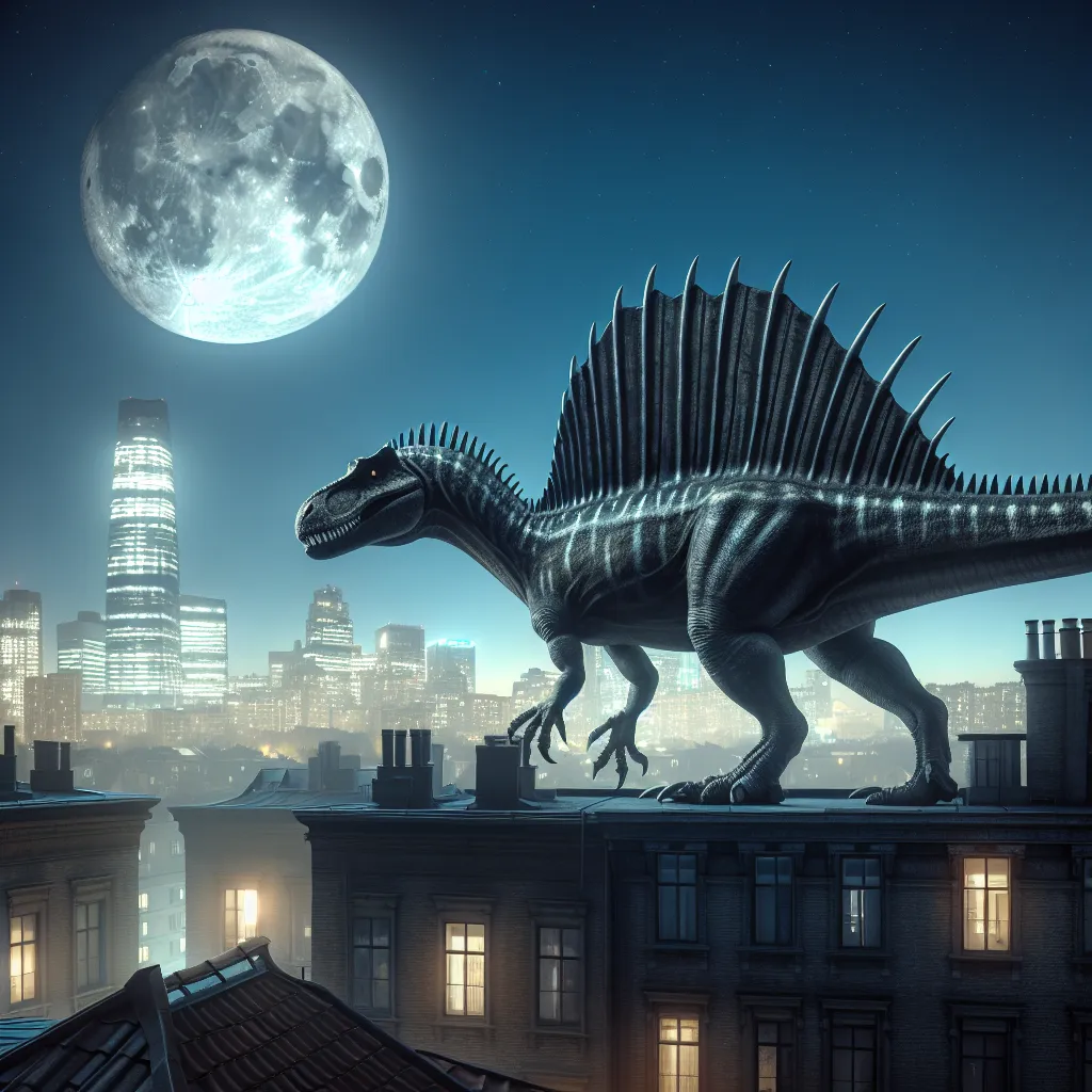 A city rooftop at night, illuminated by moonlight, with a Spinosaurus standing majestically, its claws splayed and spine crest slicing through the air.