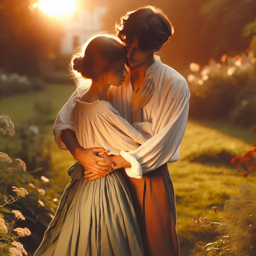 A couple in a romantic embrace, bathed in the warm, golden light of a quiet afternoon. She leans into his firm embrace, feeling the intimate touch of his hands and the tender warmth of his kisses on her skin. Their connection is a silent dance of desire and comfort, enveloped in a moment outside of time.