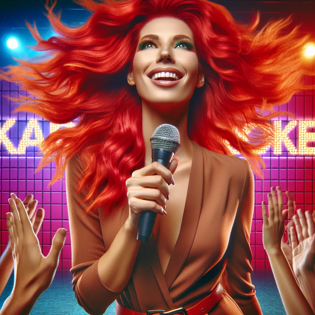 An image of a redhead, standing confidently with a playful smile, holding a microphone on a stage with a karaoke sign in the background. The audience is seen applauding and laughing, thoroughly entertained by her performance.