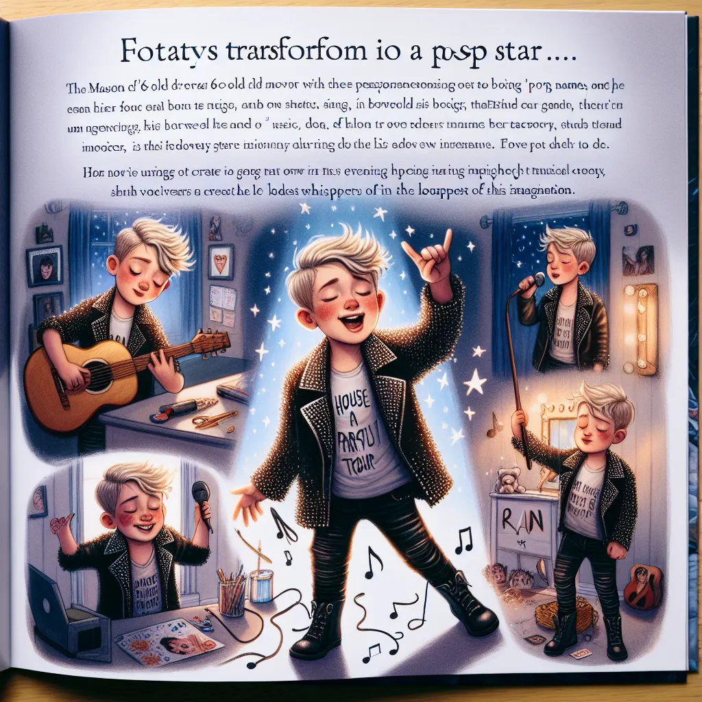 This story follows the transformation of 6-year-old Mason into the glamorous pop star Chappell Roan, complete with detailed physical changes and outfit descriptions. As Chappell navigates her new identity, she embraces her stage persona, relishing in the music and performance. The story culminates with Chappell creating her own "House Party Tour" poster and settling into a night of crafting, singing, and dreaming of her musical journey ahead.
