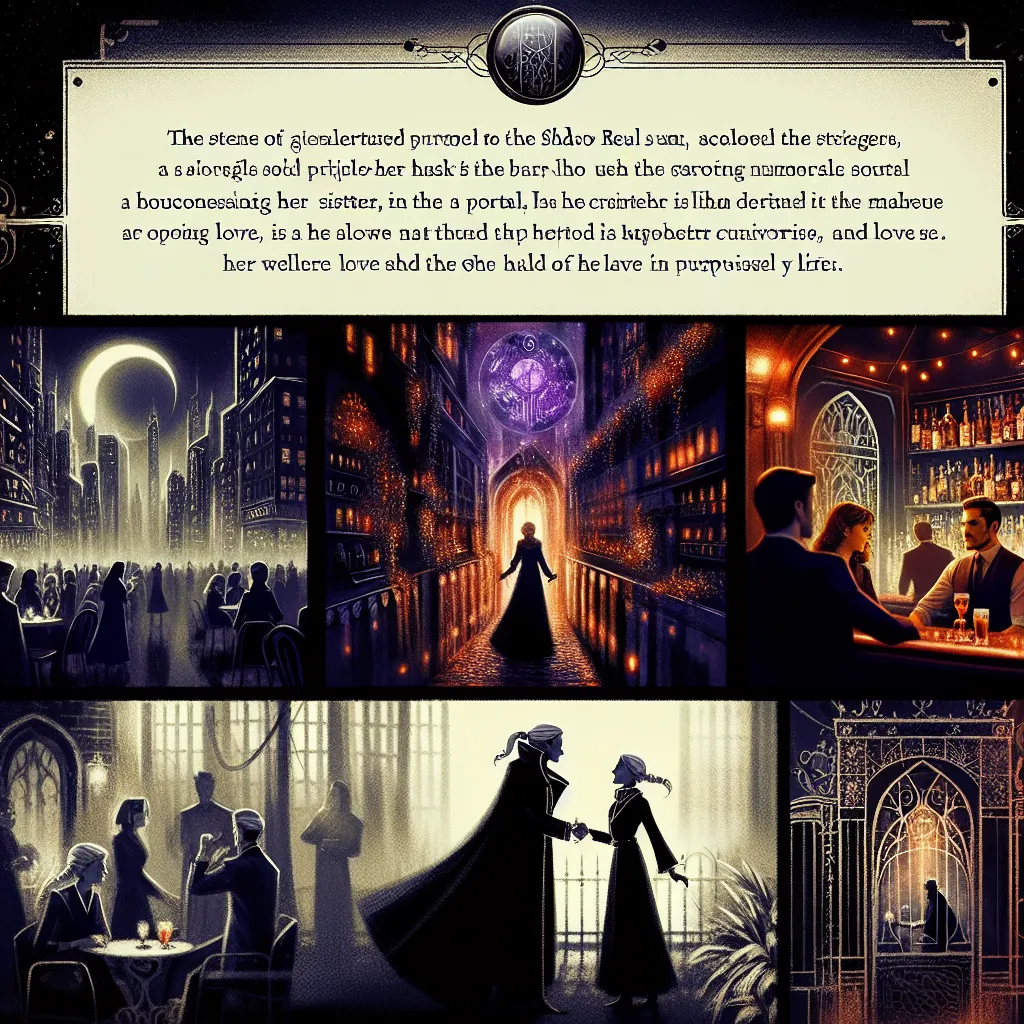 A dimly lit goth club in the city. The main character, Lila, stands behind the bar, while the patrons dance and mingle in gothic attire. Lila notices a mysterious stranger, dressed in a long black coat with silver hair, and decides to investigate. The stranger reveals knowledge about Lila's missing sister and offers to help her find her, leading her to an old cemetery. Lila meets the stranger at midnight, where he explains that they must open a gateway to the Shadow Realm using a locket belongin