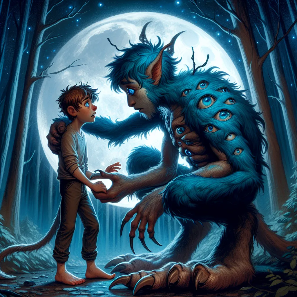 In the moonlit forest, Timmy Wilson undergoes a transformative experience, turning into an Andalite—a mythic, alien creature. The image will capture Timmy's wide-eyed awe and terror as he witnesses the changes ripping through his body: blue fur sprouting, stalks emerging with multiple eyes, hooves replacing hands and feet, and a tail growing with a sharp blade at its end. He stands alongside Ax, a powerful male Andalite, who comforts and guides him through the process. The image should convey th