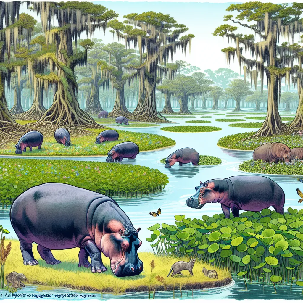 An image depicting a serene bayou landscape with African hippos grazing in the foreground. The setting is lush and vibrant, with abundant water hyacinth plants and native species adapting to their new environment. The image captures the fusion of African and American cultures in this alternative history, showcasing the impact of the "American Hippo Bill" on ecological integration and agricultural innovation.