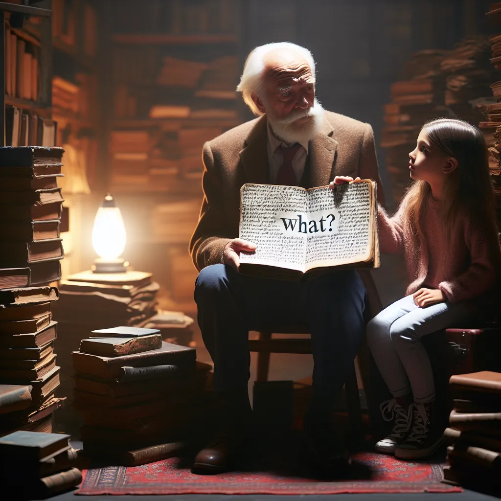 An old man in a dimly lit room filled with ancient books and relics is joined by his young granddaughter. She presents him with a notebook filled with peculiar annotations from an old manuscript. They discover a single word, "What?" seemingly concealing a deeper meaning. The old man suggests it may be the key to unlocking hidden realms of understanding and embarks on a journey with his granddaughter to seek answers to the mysteries it holds.