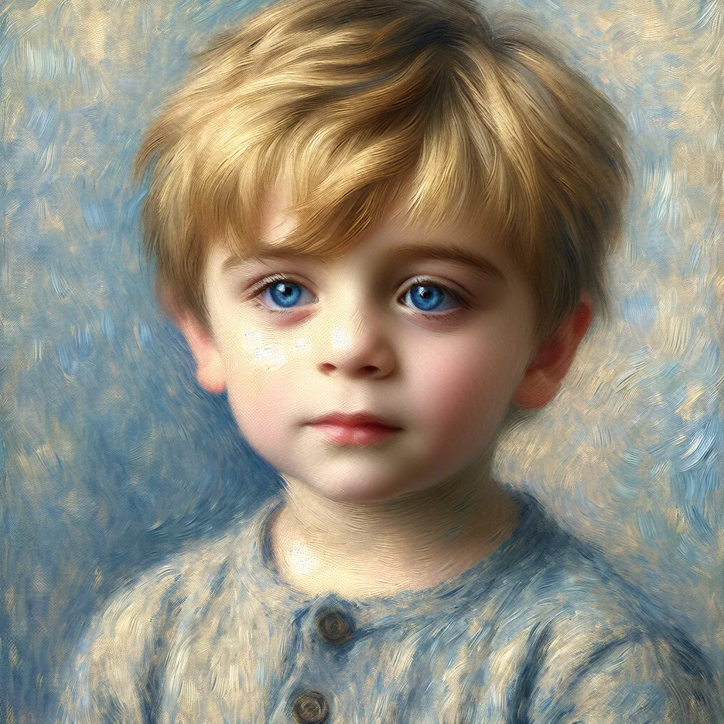 Tommy, June 2nd, 2017, Golden-blonde hair, Blue eyes, Birthday in the style of Monet