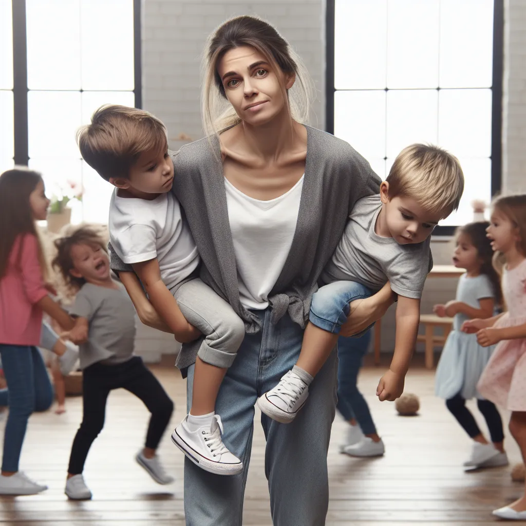 Description: Riley Andersen, a young woman surrounded by chaos, stands in the midst of a room filled with energetic children. Two adorable siblings, Jennifer and Rodney, cling to her legs, while Riley attempts to corral them with a weary smile. Despite the exhaustion in her eyes, there is a hint of routine and purpose amidst the commotion. The image captures the contrast between the lively children and Riley's internal struggle with ennui, reminding her of life's dull moments lurking just beyond