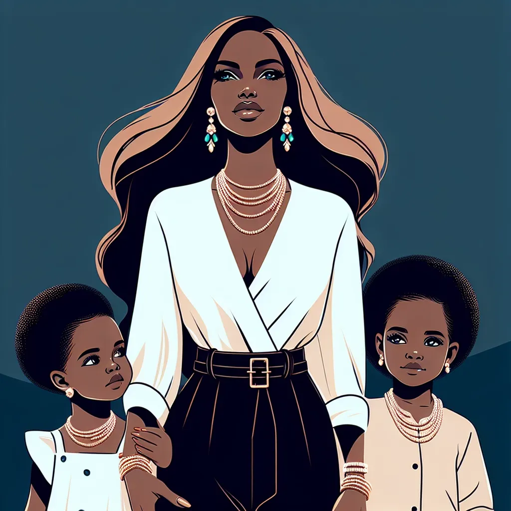 The image depicts a confident and stylish woman, Mrs. Jackson, standing proudly with her two children, Keisha and Johnny. She is adorned with beautiful jewelry, reflecting her strength and sass. The image exudes a sense of love, resilience, and a bright future ahead.