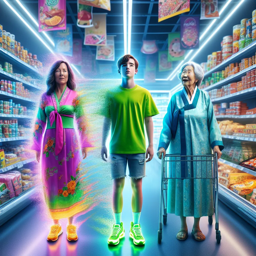 A boy named Ethan William Davis, his mom Jessica, and grandma Linda have a life-altering encounter in a grocery store, leading to a surreal and irreversible transformation into three Korean women. Ethan's vibrant green t-shirt and LED sneakers vanish as he assimilates into his new identity, forever changed amidst an unfamiliar setting.