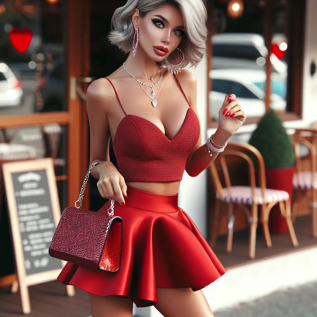 A woman named Diane, dressed in a red skirt and high heels, stands confidently outside a café. She carries a sparkly red purse over her shoulder and wears fashionable jewelry, including hoop earrings and a delicate necklace. Her hair is silver and stylishly cut, and her makeup is flawless. Diane's eyes are filled with excitement and anticipation as she waits for someone who will change her life.