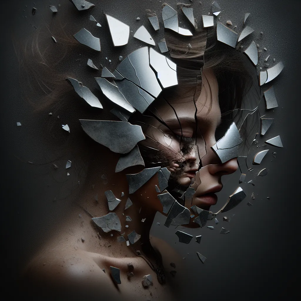 Title: "Shattered Reflections"
Genre: Drama

Description: An emotionally charged image depicting a shattered mirror reflecting fragments of a person's face, symbolizing inner turmoil and a fractured self-image.