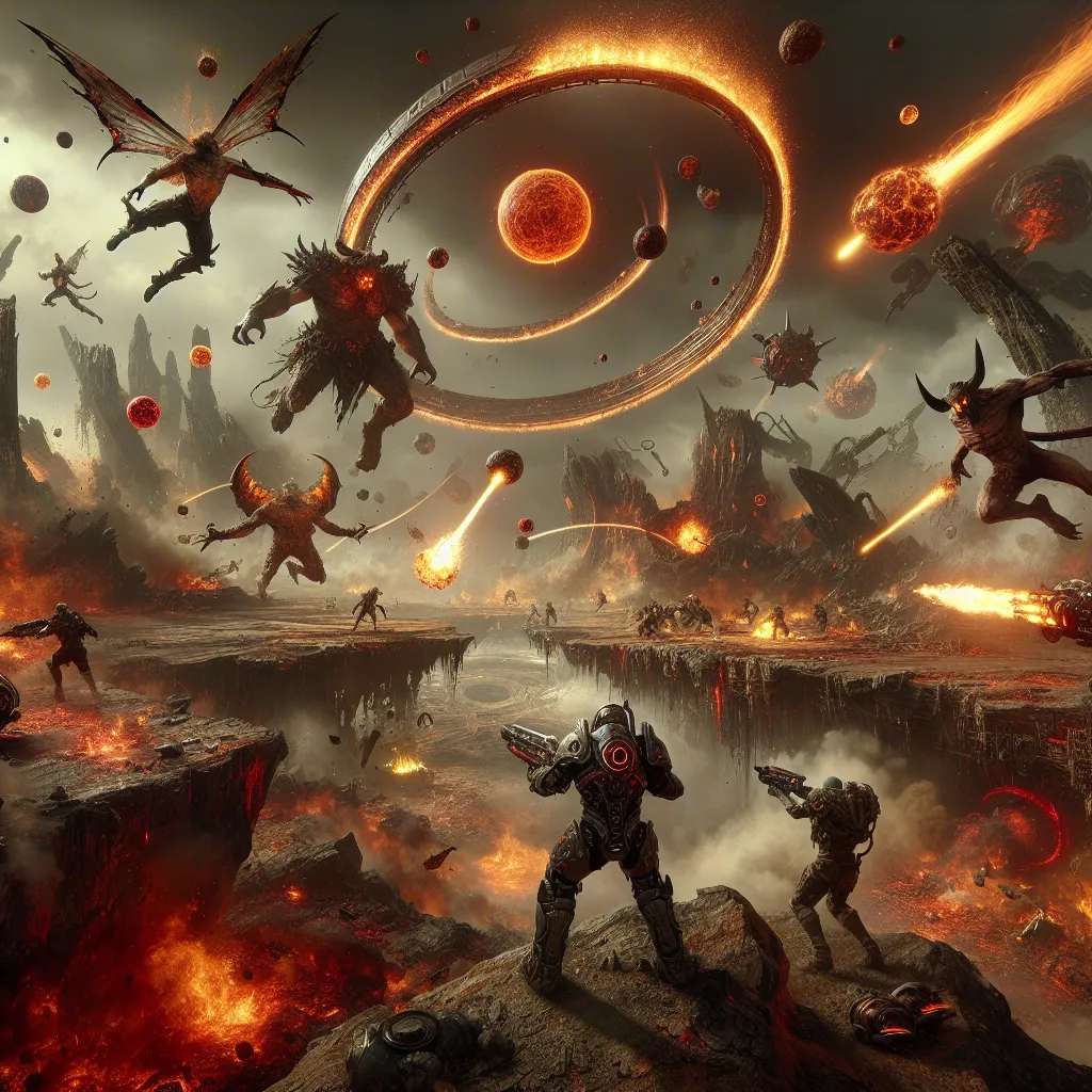 A scene of intense combat on a half-Halo ring, half-infernal landscape. Master Chief, an armored figure, faces off against impish creatures with guns and magic. Feathers, plasma, and hellfire collide in a chaotic battle, set against a backdrop of smoke and ruins.