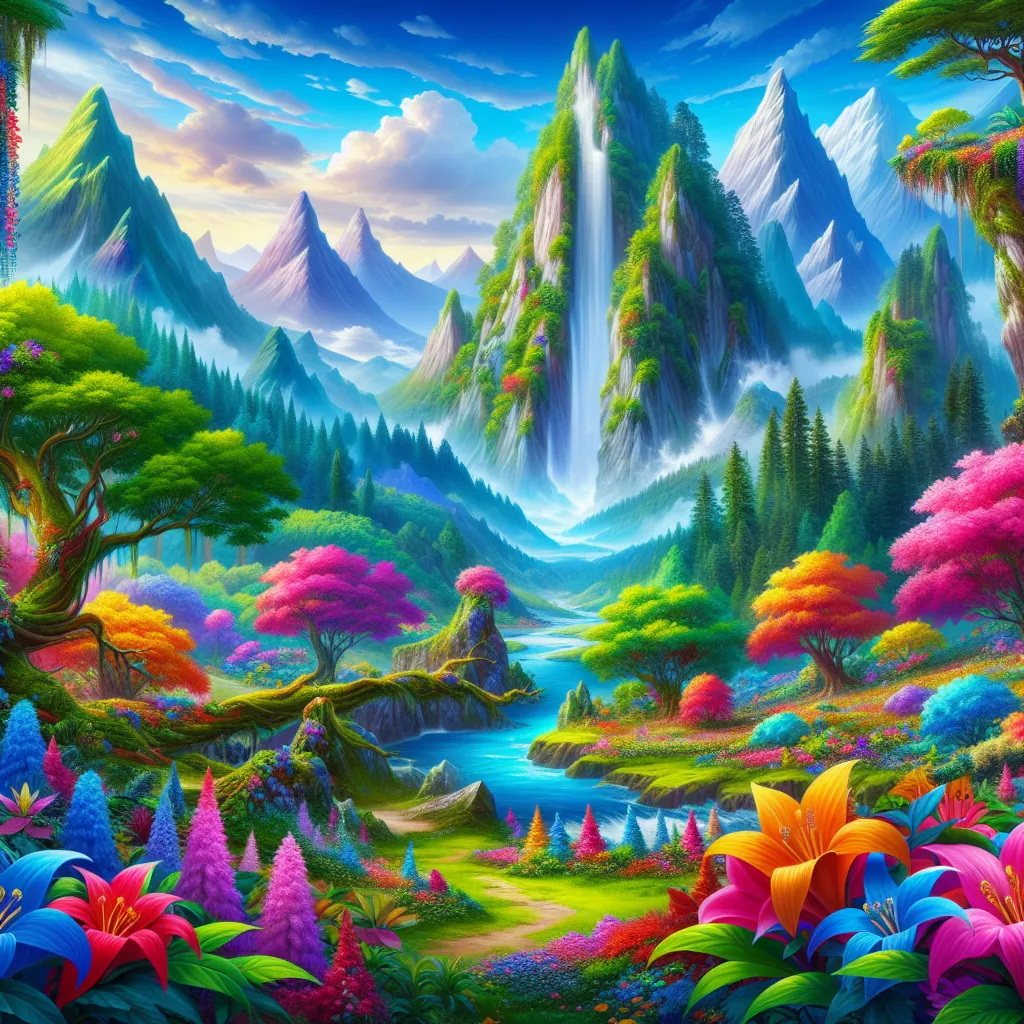 A vivid and colorful fantasy landscape, featuring towering mountains, lush forests, and a cascading waterfall nestled among vibrant flowers.