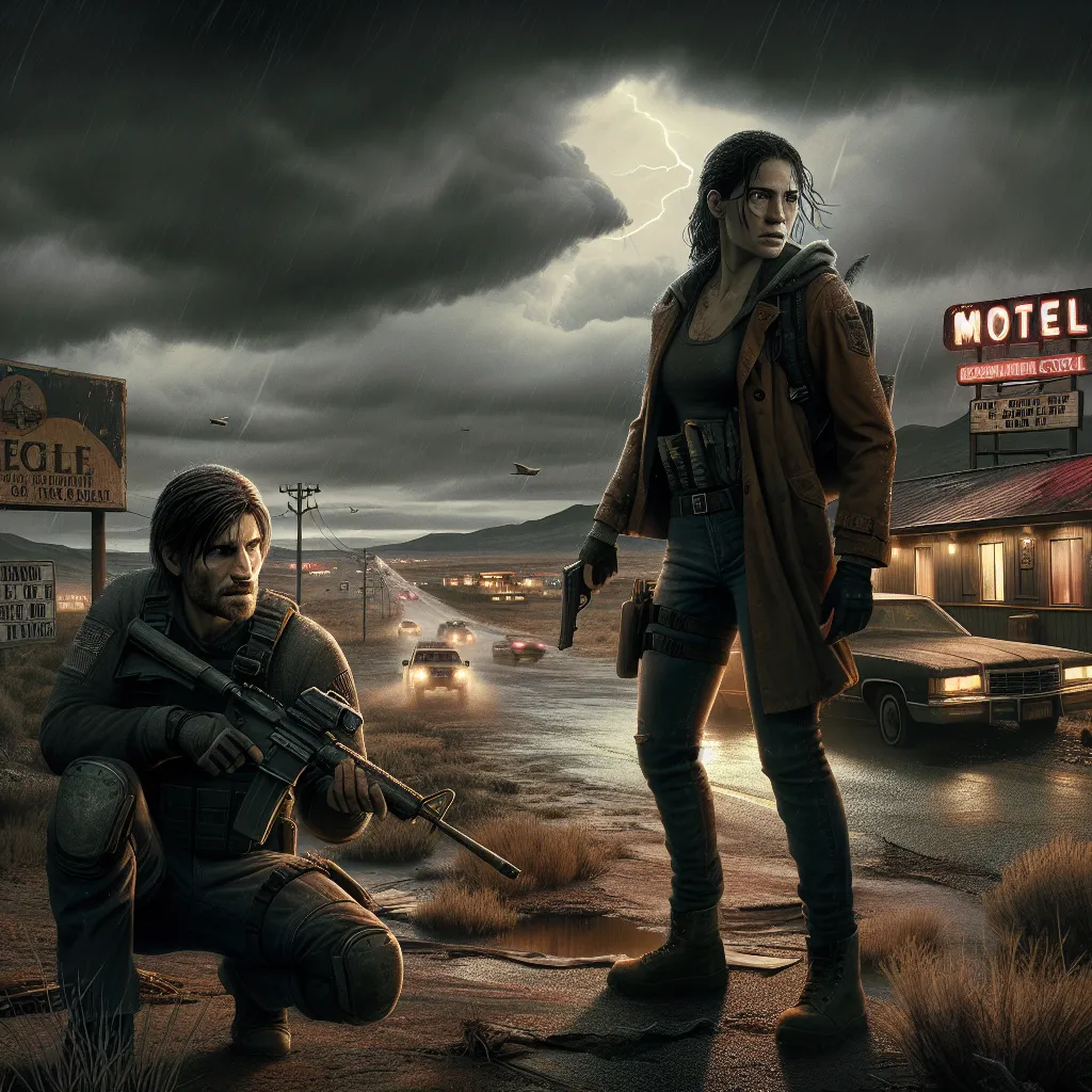 The heavy sky looms as X-23 and Gambit seek refuge at a desolate motel on the outskirts of the city, evading dangerous pursuers in this thrilling adventure.