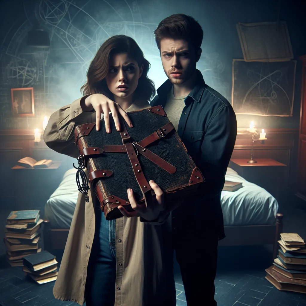 A creepy dorm room with flickering lights and an open book of spells sits in the background, while two friends, Sarah and Alex, stand in the foreground. Sarah holds up a mysterious book bound in leather as she proposes a plan to use magic to become roommates. Alex looks skeptical and concerned.