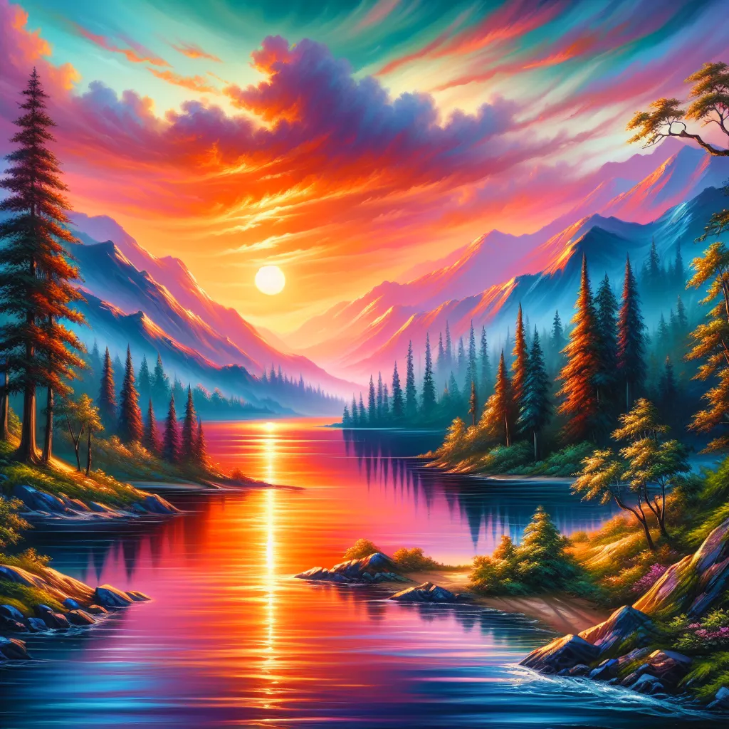 A beautiful sunset over a serene lake nestled among mountains, filling the sky with vibrant hues of orange and pink.