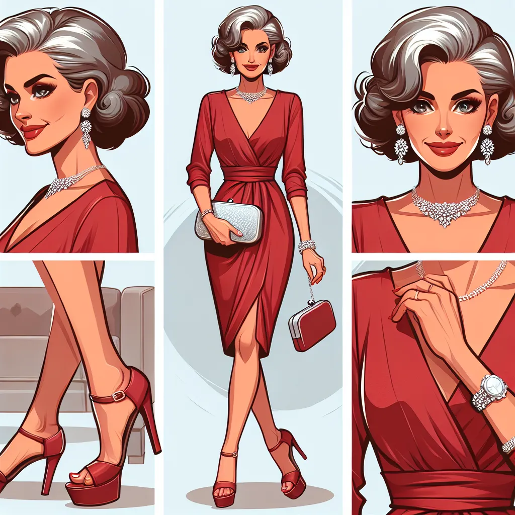 An image of a confident, elegant woman in her 50s wearing a red dress and platform sandals, with diamond jewelry and a clutch purse in hand. She exudes grace and beauty as she prepares for a night out with her husband.