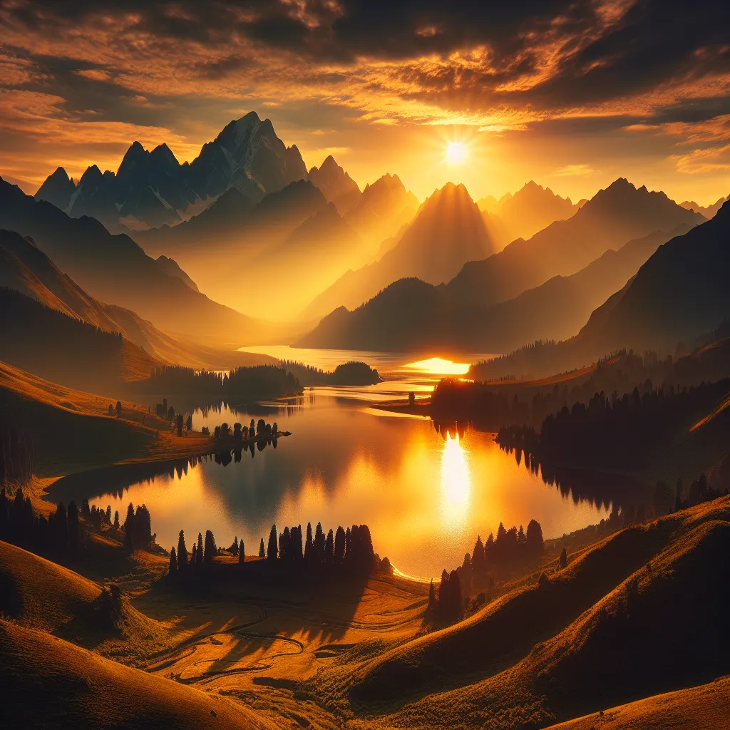 A serene sunset over a mountain range, casting a golden glow on a tranquil lakeside.
