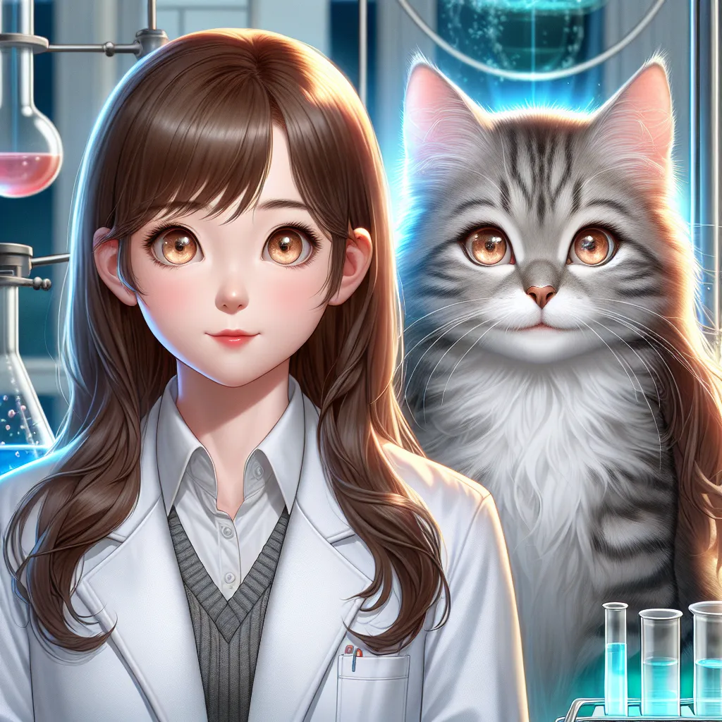 A young girl named Catherine, also known as Cat, undergoes an extraordinary transformation in her aunt's makeshift lab. With a desire to become an anthropomorphic cat, Cat's dream becomes a reality through her aunt's scientific prowess. The image could depict a young girl with long flowing hair, her once human features transforming into those of a sleek anthropomorphic cat. Her eyes sparkle with curiosity and anticipation as she gazes into the distance. In the background, the lab is filled with 