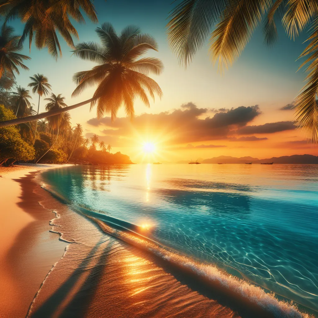 A serene tropical beach at sunset, with palm trees swaying in the breeze, crystal blue waters, and a golden sun sinking into the horizon.