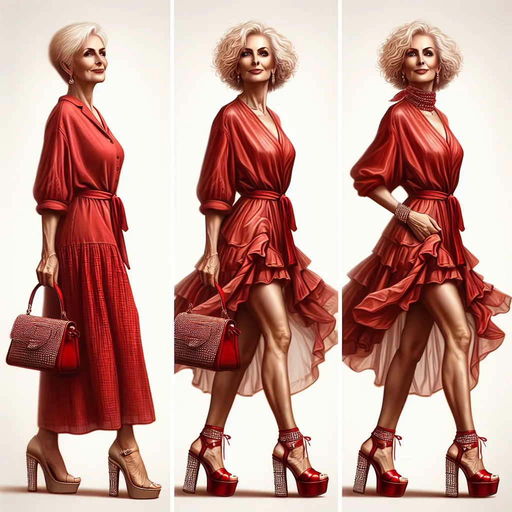 Image Description: An image depicting a confident and stylish woman in her mid-50s, Anne, wearing a tight red dress with ruffled hem, matching platform sandals adorned with rhinestones, and carrying a designer red purse. She stands tall, with a mature and elegant posture, her short curly blonde hair neatly styled in a bob cut, and her piercing blue eyes reflecting confidence and wisdom. Anne is surrounded by a sense of empowerment and contentment as she walks confidently in her heels, exuding po