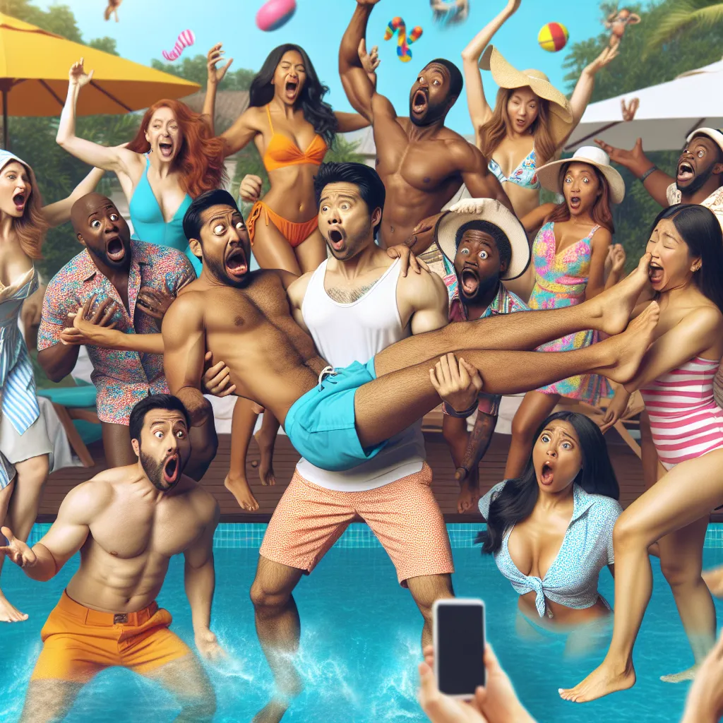 A humorous story about a reality remote causing body swaps at a pool, where the protagonist's friend ends up in a woman's body and embraces it fully, unaware of the change. The chaotic scene of swapped bodies unfolds as the protagonist tries to fix the situation, adding to the pool party shenanigans.