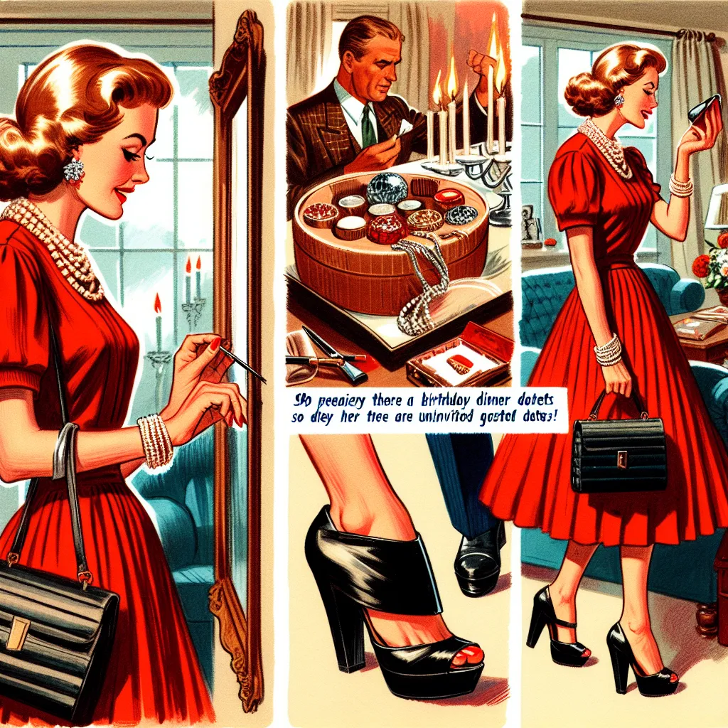 A woman in an elegant red dress and platform sandals stands in front of a mirror, getting ready for a birthday dinner date. She wears seven pieces of jewelry and carries a black purse. The image captures the tension and fear as she realizes there are intruders in her house and she must escape, navigating in her heels and elegant outfit. In the end, she is safe and reunited with her loving husband.
