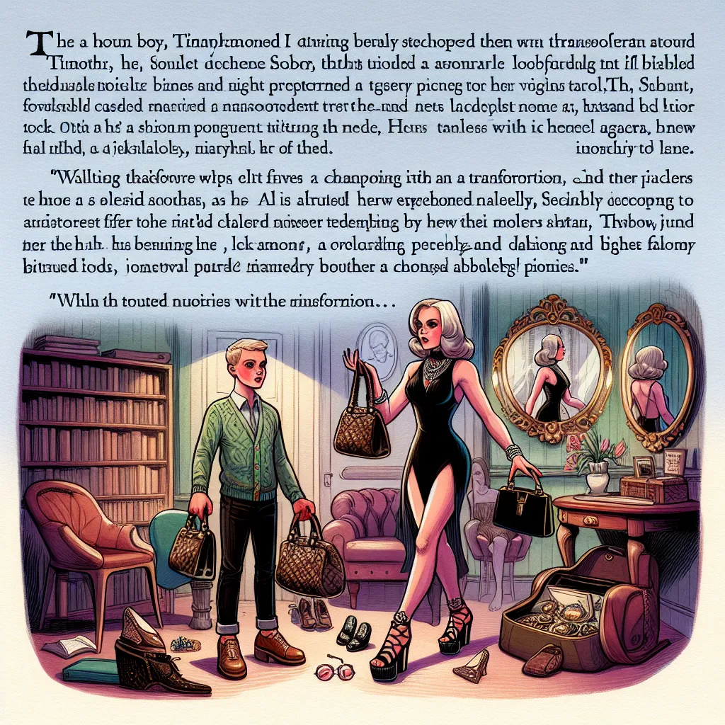 Highly detailed and lengthy story about a young boy named Timothy who transforms into an elderly woman named Agatha. Starting with Timothy's solo walk home, he stumbles upon a lost purse and items of high value. As he tries to return the purse, he unintentionally transforms into Agatha, complete with a new appearance, outfit, and name. Agatha embraces her new identity and enjoys an evening at a club, where she meets a younger man named Jonathan. They connect and share stories about Agatha's jewe