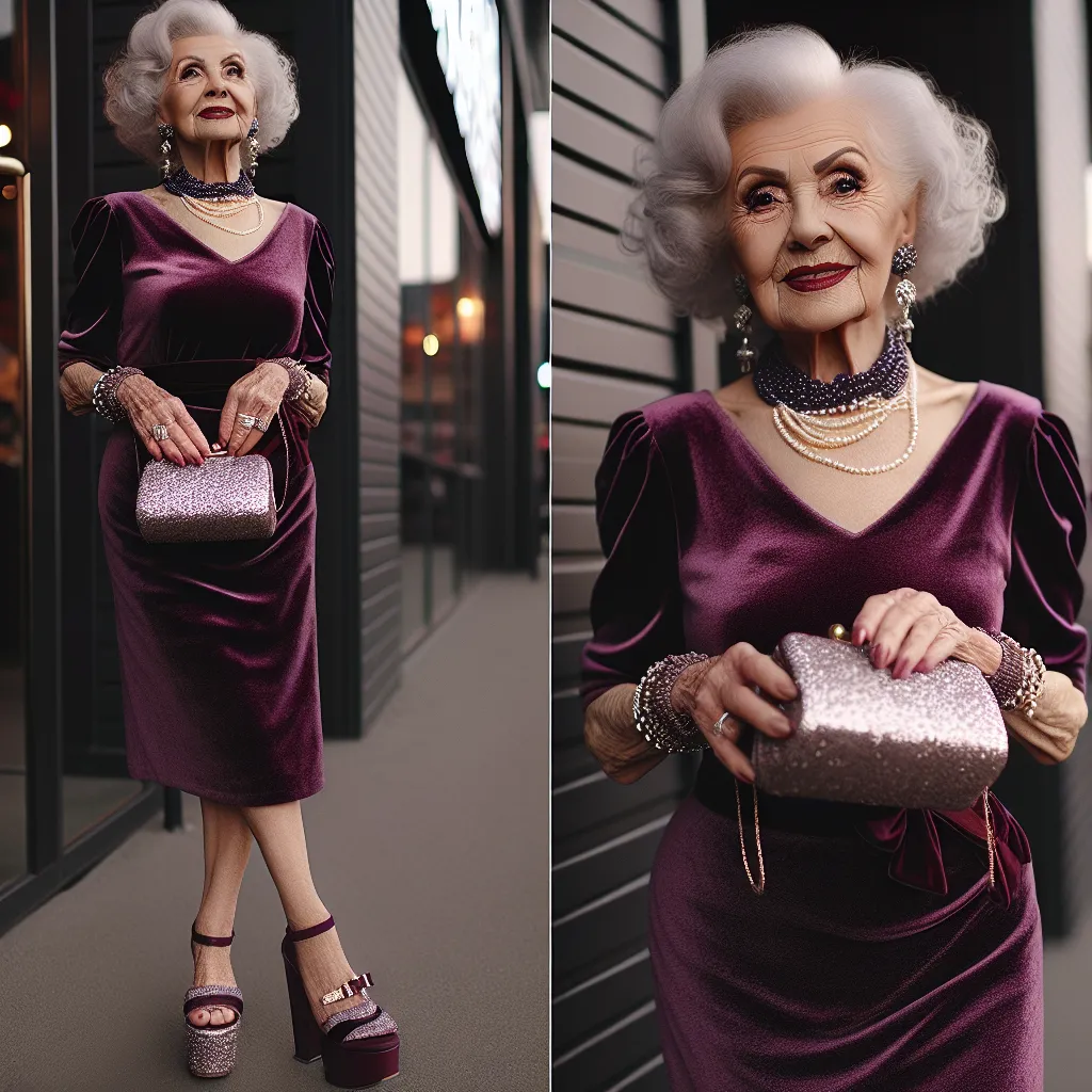 An elderly woman named Margaret, wearing a deep purple dress and platform sandals, stands confidently outside a club. She is adorned with expensive jewelry and holds a small glittery purse. She exudes an air of elegance and wealth as she eagerly anticipates meeting a younger man named James. The image captures her poised and content, ready to embark on a new chapter of her life.