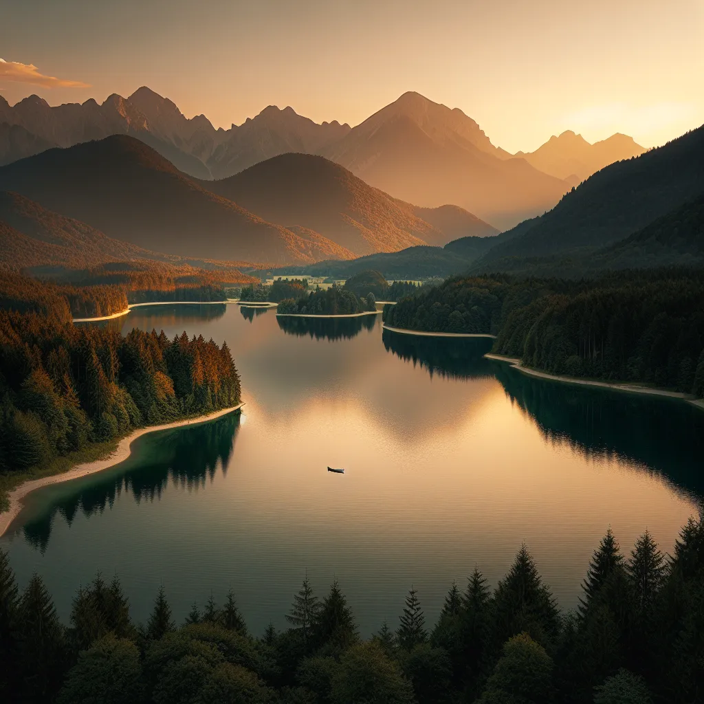 A vast, serene lake surrounded by lush green forests and towering mountains in the distance. A lone canoe drifts peacefully on the calm waters, casting a gentle reflection in the golden light of an evening sunset.