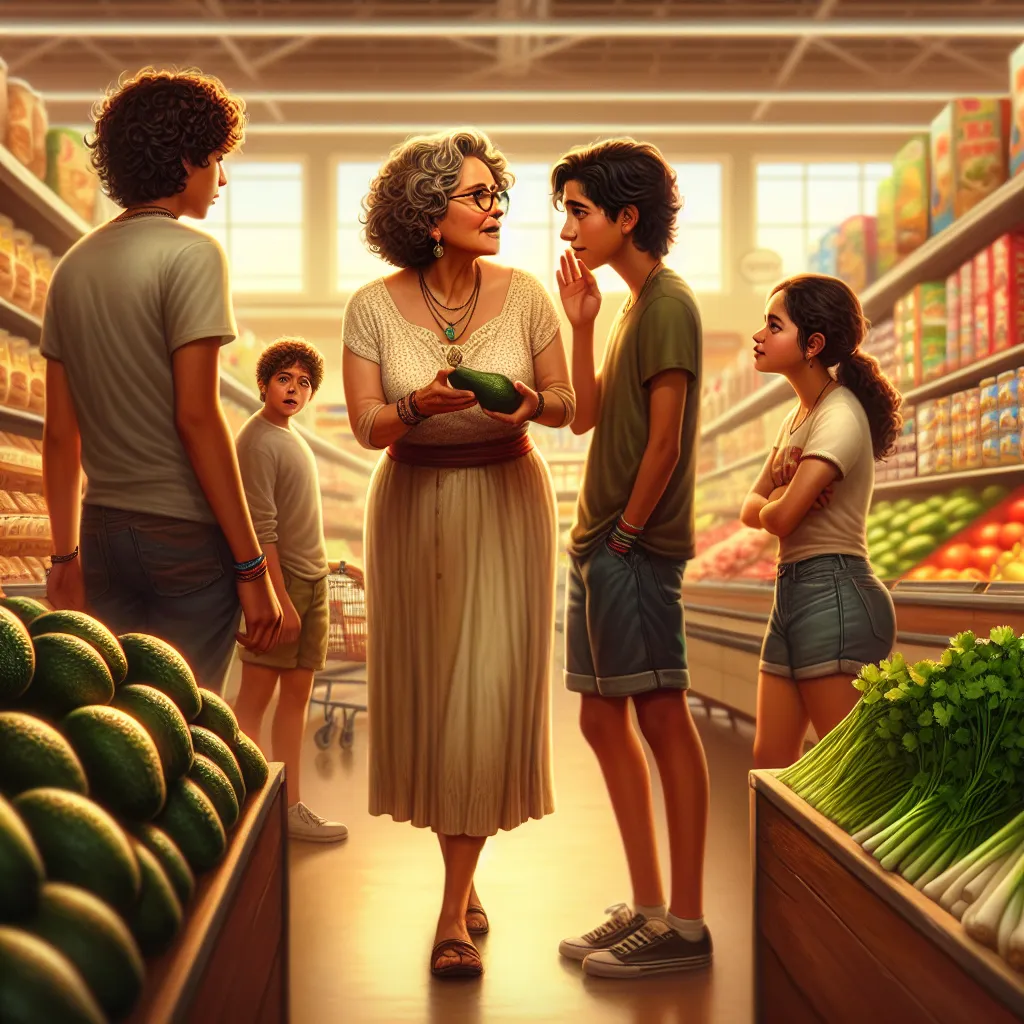 A group of four, led by a matronly woman named Rosa Martinez, navigates a grocery store on a warm Saturday afternoon in early June. Her son Luis and his friend Tyler whisper about snacks as they follow, while her daughter Camila keeps watch. Amidst the produce, Rosa picks out avocados and cilantro, scrutinizing a list, squabbling over cereal choices, and finally making a dramatic announcement in the bread aisle.