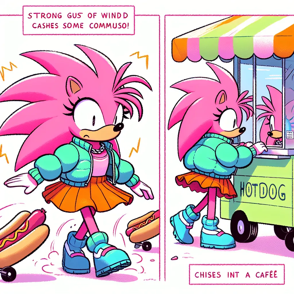 A pink hedgehog named Amy Rose struts down the street in a 90s-inspired outfit, which includes a puffy green shirt, an orange skirt, and blue shoes. However, her fashion moment is disrupted by a strong gust of wind that blows away her skirt, leaving her in just her shirt and undergarments. Embarrassed, Amy attempts to spin dash for cover, but instead crashes into a hotdog cart. Seeking refuge in a café, she encounters her friends Vanilla and Cream, who offer her a handkerchief to cover up. Deter