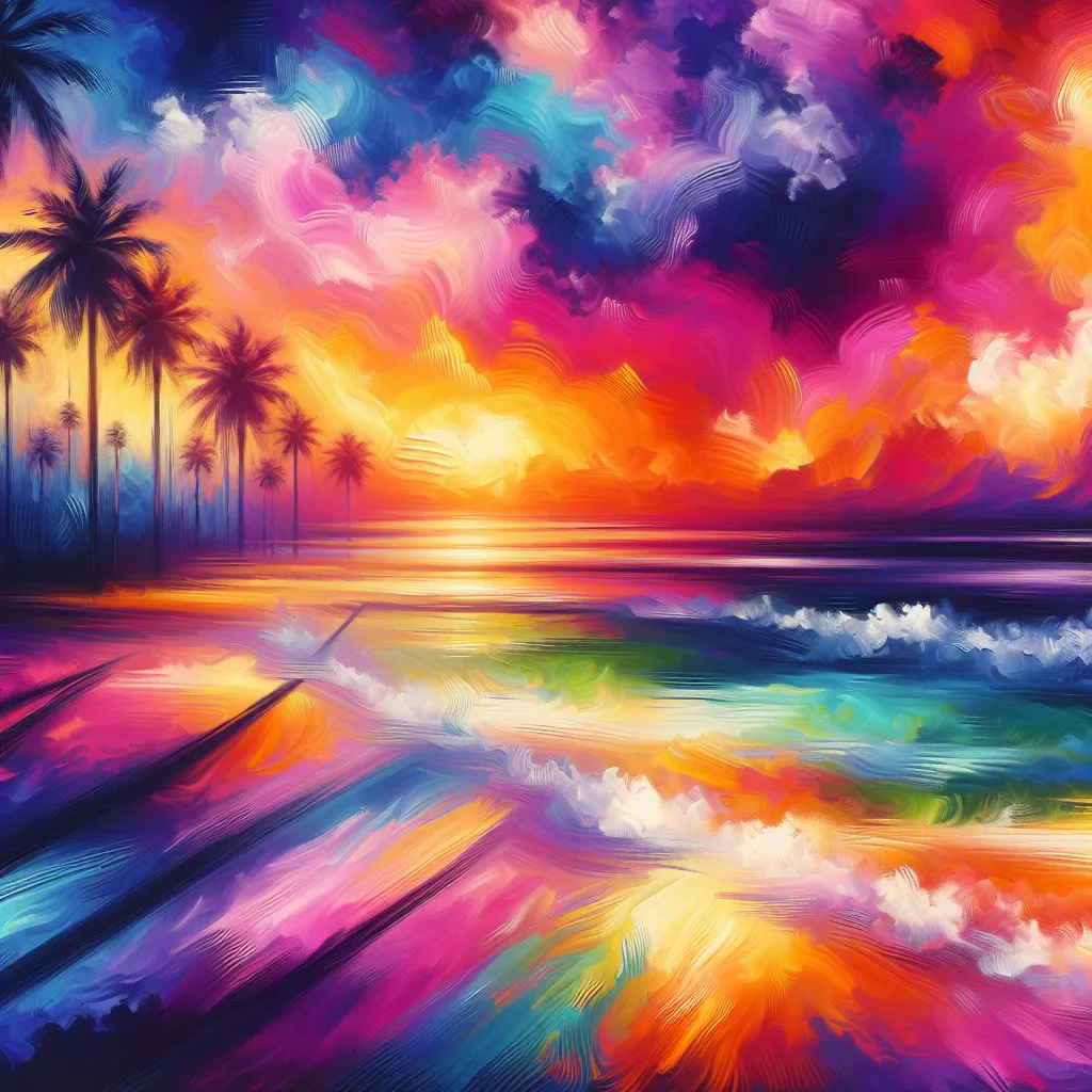 A colorful abstract painting depicting a vibrant sunset over a tranquil beach, with palm trees and waves gently lapping onto the shore. The sky is filled with hues of orange, pink, and purple, creating a serene and dreamy atmosphere.