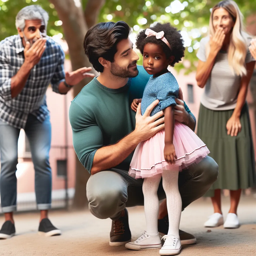 An image of a father and son in a park, the son wearing a pink skirt and white tights, while the father looks proud and the people around them react with curiosity and whispers.