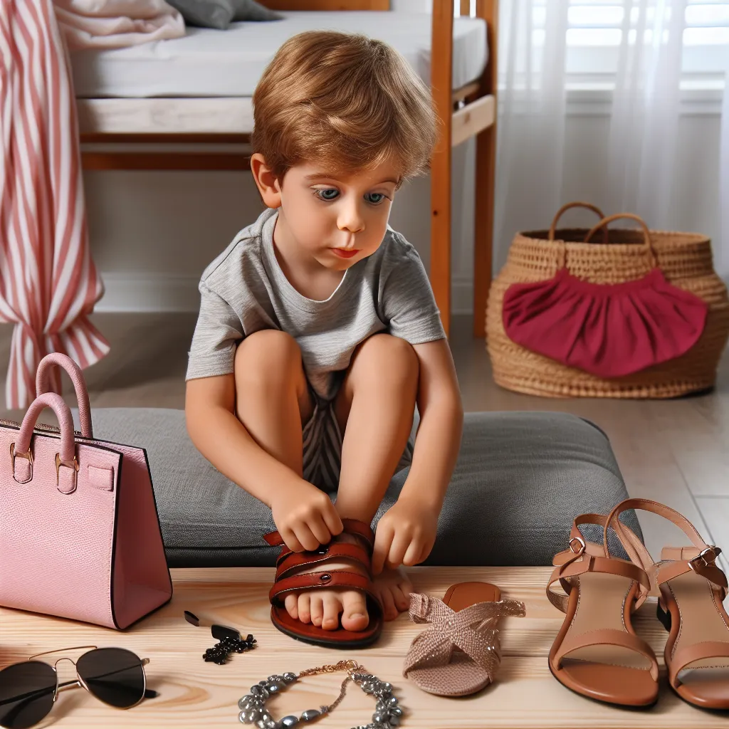 A young boy reluctantly puts on a pair of feminine sandals, while a pink purse, sunglasses, and jewelry sit on the table nearby.