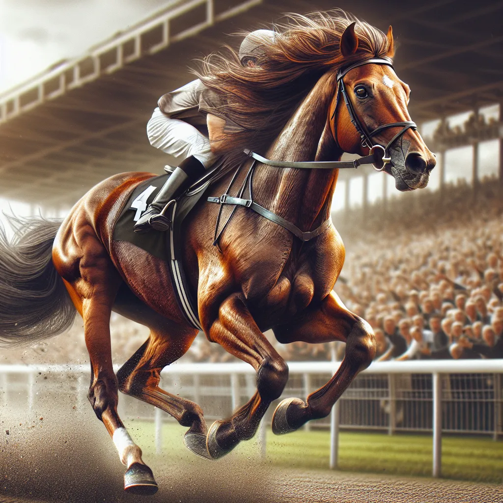A chestnut filly gallops in a horse race, her face twisted in agony as a jockey inflicts pain with spurs and a whip. The crowded stadium watches on as she runs, consumed by the torment of her transformation and forced to endure a life she never chose.
