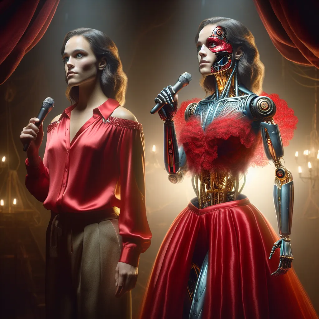 Description: The image depicts a person undergoing a fantastical transformation, their body changing from male to female and becoming a sophisticated animatronic. They are now Circus Baby, a hauntingly beautiful performer. Standing at an impressive height, the newly transformed individual is adorned in a stunning red crop top with shoulder frills and a matching frilly skirt. They hold a microphone in their left hand, their expression displaying a mix of innocence and darkness. The background por