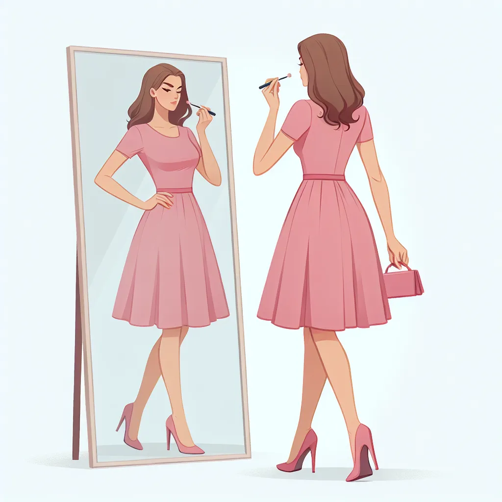 An image depicting a young woman dressed in a tight pink dress and strappy high heels, posing confidently in front of a mirror. She is applying makeup and adjusting her hair, with a sense of pride and femininity.