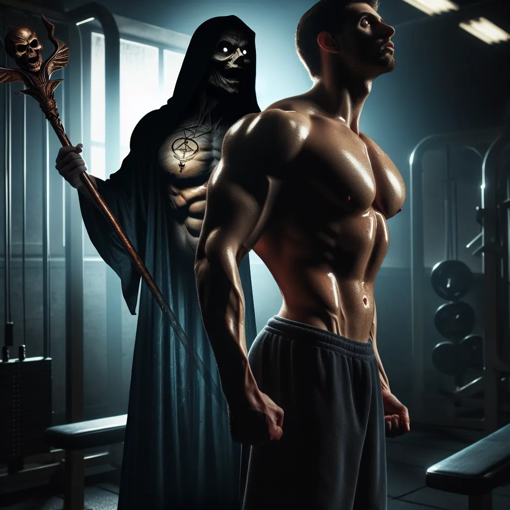 Description: An eerie depiction of a bodybuilder, Marcus Thompson, separated from his own head and watching in horror as his muscular body continues to work out under supernatural control. The gym is dimly lit, with the body glistening under the artificial lights, and a mysterious figure cloaked in dark linens stands beside Marcus, wielding a staff adorned with mystical symbols.