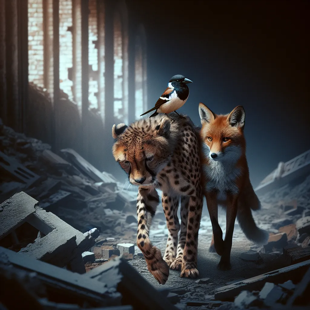 A wounded black cheetah is carried by a sparrow and a fox to safety in a ruined city, their bond of friendship and survival evident in the dim light.