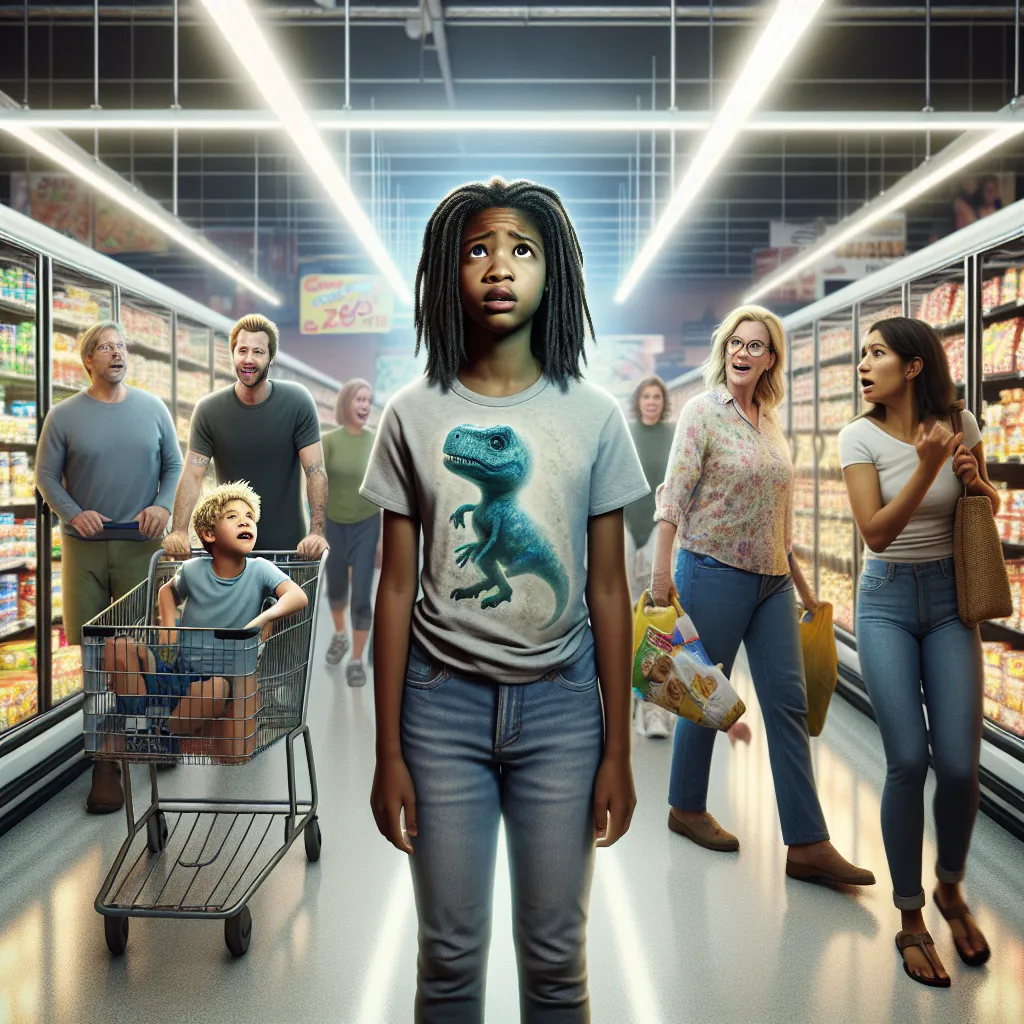 A 9-year-old boy named Calvin, wearing a light gray t-shirt with a faded blue dinosaur, mysteriously switches bodies with Linda Parker in a bustling supermarket. Calvin, now in Linda's body, faces confusion and panic as Linda's family remains oblivious to the swap. The lights flicker in the store, marking the moment when Calvin's life takes a sudden and unexpected turn.