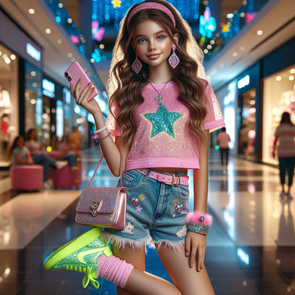 The image is of a teenage girl named Lily, standing confidently in a mall, wearing a pink crop top with glittery stars, denim short shorts, neon green flip-flops, and accessorized with a pink hairbrush, a glittery headband, dangly earrings, a charm bracelet, and a small sparkly purse. She holds her cellphone and looks excited to meet up with her friends. The mall's vibrant lights and displays can be seen in the background.