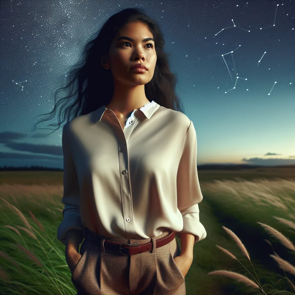A young woman navigating identity and perception, balancing academic brilliance with societal expectations. The image will capture her staring at the stars, resilient and introspective, symbolizing her journey of self-discovery and resilience.