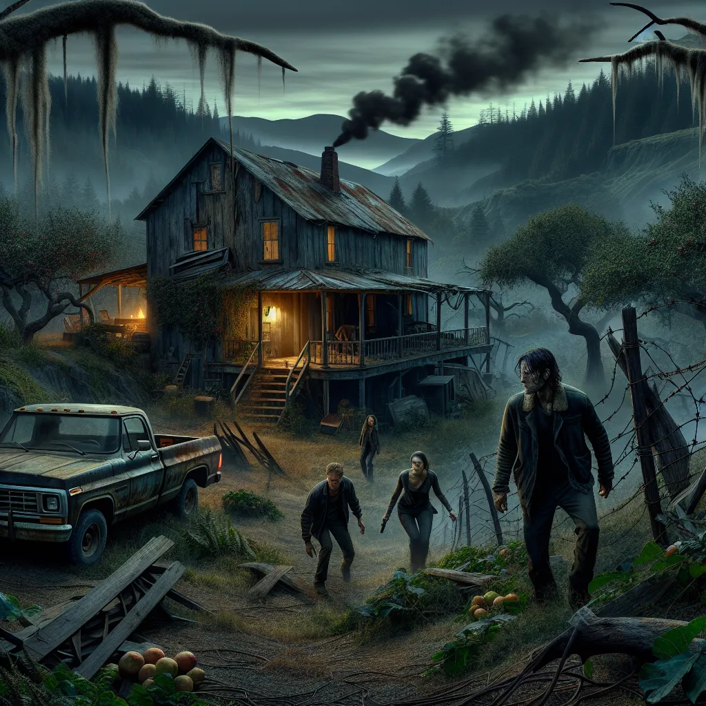 A tense scene at twilight shows a rugged, peeling wooden house with smoke curling lazily from a crooked chimney, nestled in a wild, overgrown garden tangled with thorny bushes and orchard trees heavy with fallen fruit. Three figures approach cautiously: a fierce woman with wild black hair watching from the shadowed garden edge, eyes sharp and alert; ahead of her, a tall blonde man and a battered, determined-looking companion step onto the creaking wooden porch amid hidden tripwires and overgrown